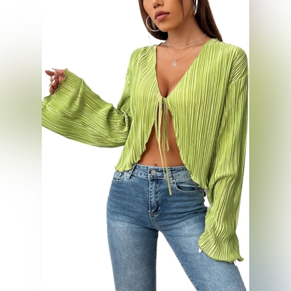 Zaful Lime Green Pleated Tie-Front Blouse
